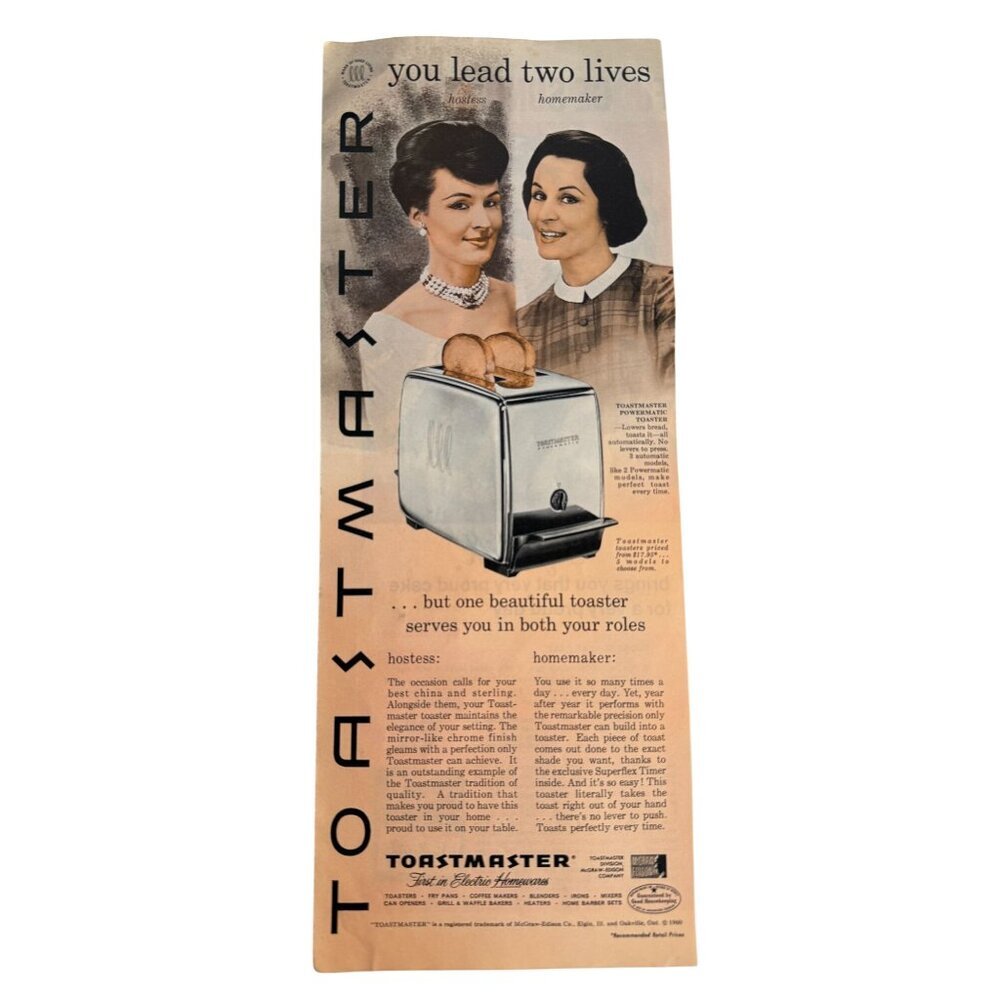 Vintage 1960 Toastmaster Electric Toaster Advertisement Print Ad